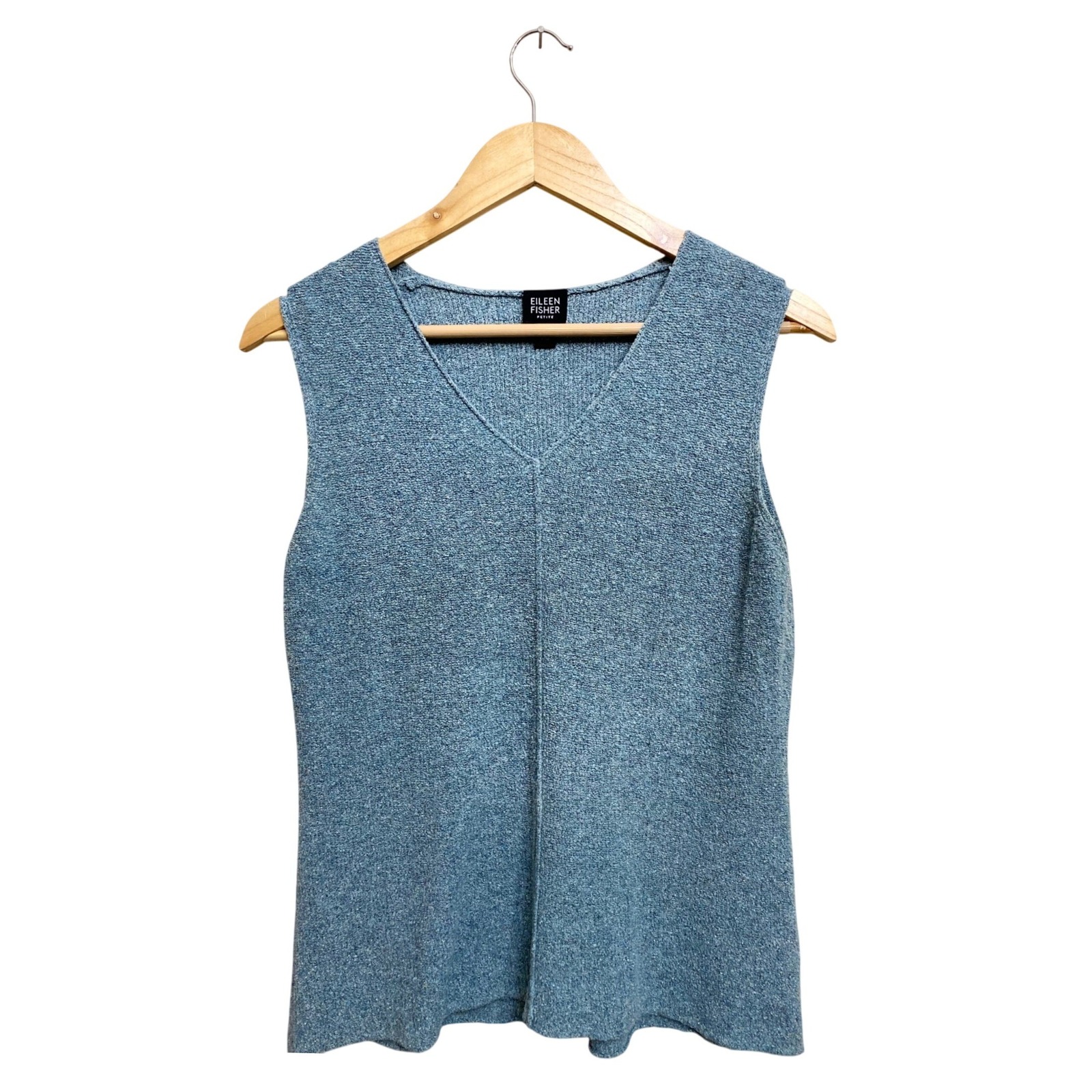 Eileen Fisher Petite Blue Silk Blend V-Neck Sleeveless Knit Sweater Top Pm